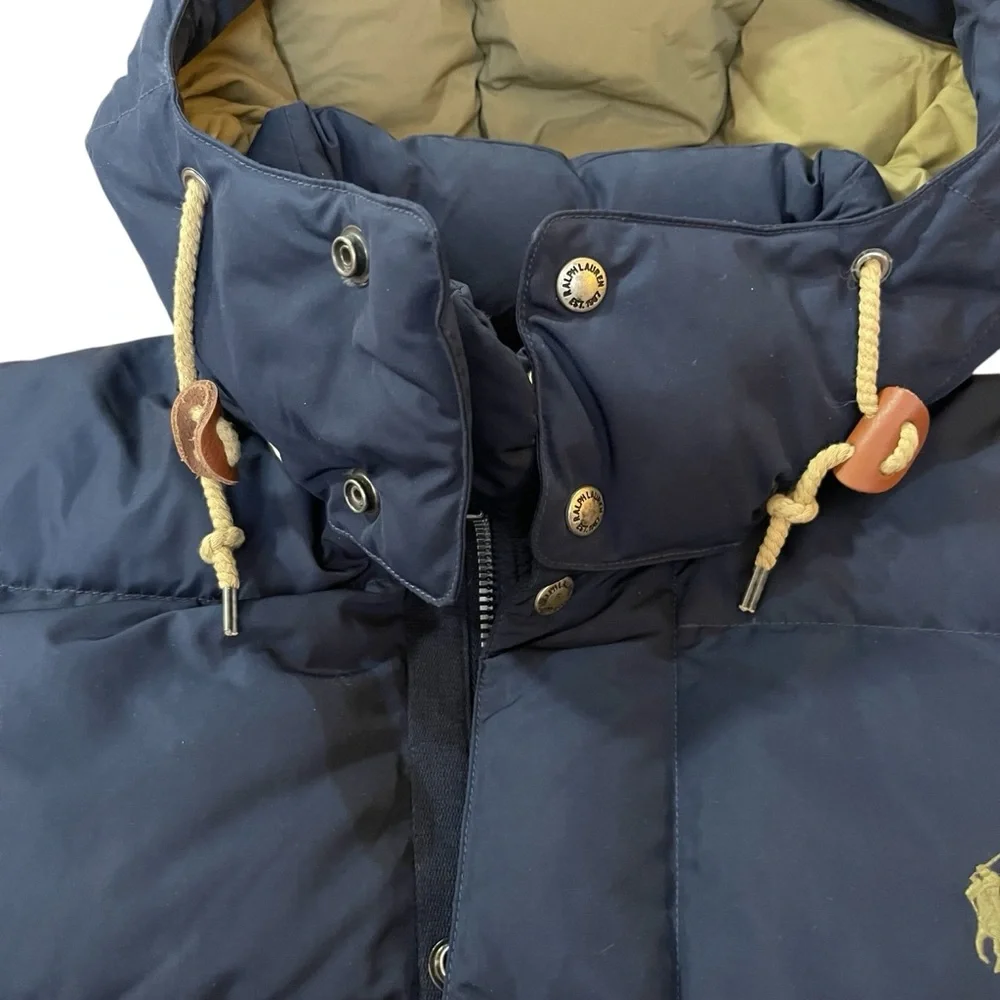 Polo Ralph Lauren Navy Goose Down Puffer Jacket Hooded Leather Toggle Coat Men’s
